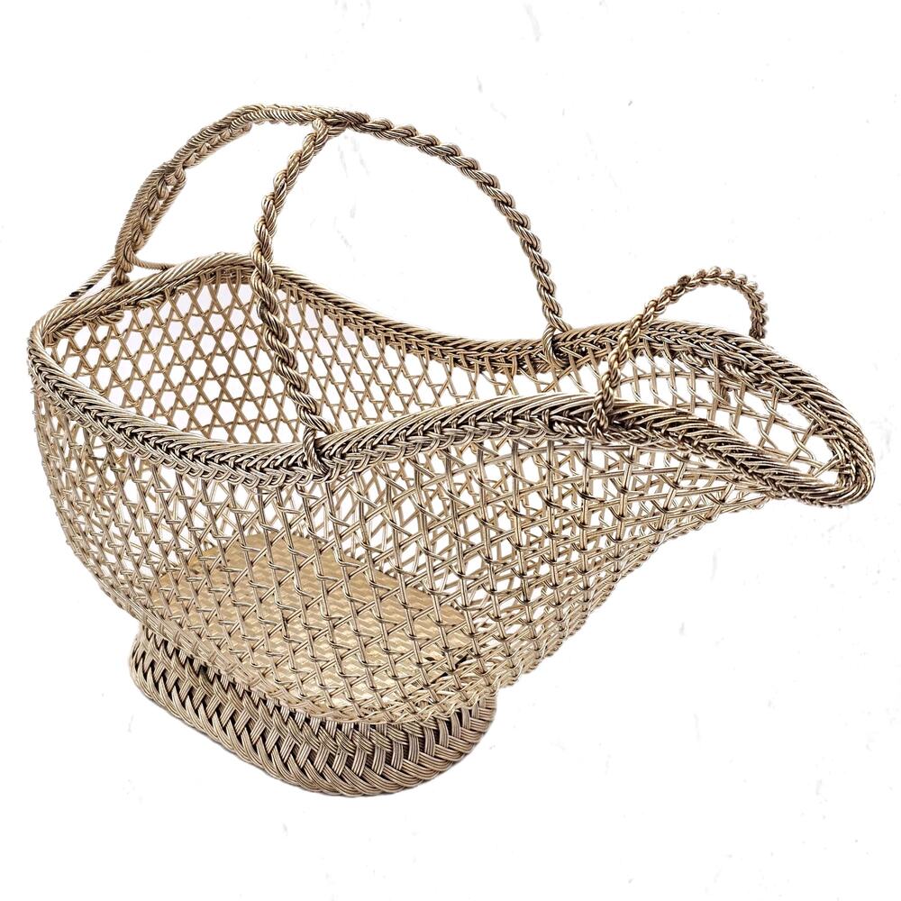 Vintage French Silver Woven Basket Bottle Holder from the Early 20th Century